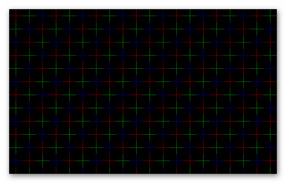 Проверка контраста, заключающаяся в помещении на черный экран участков красного, зеленого и синего цветов в Dead Pixel Tester